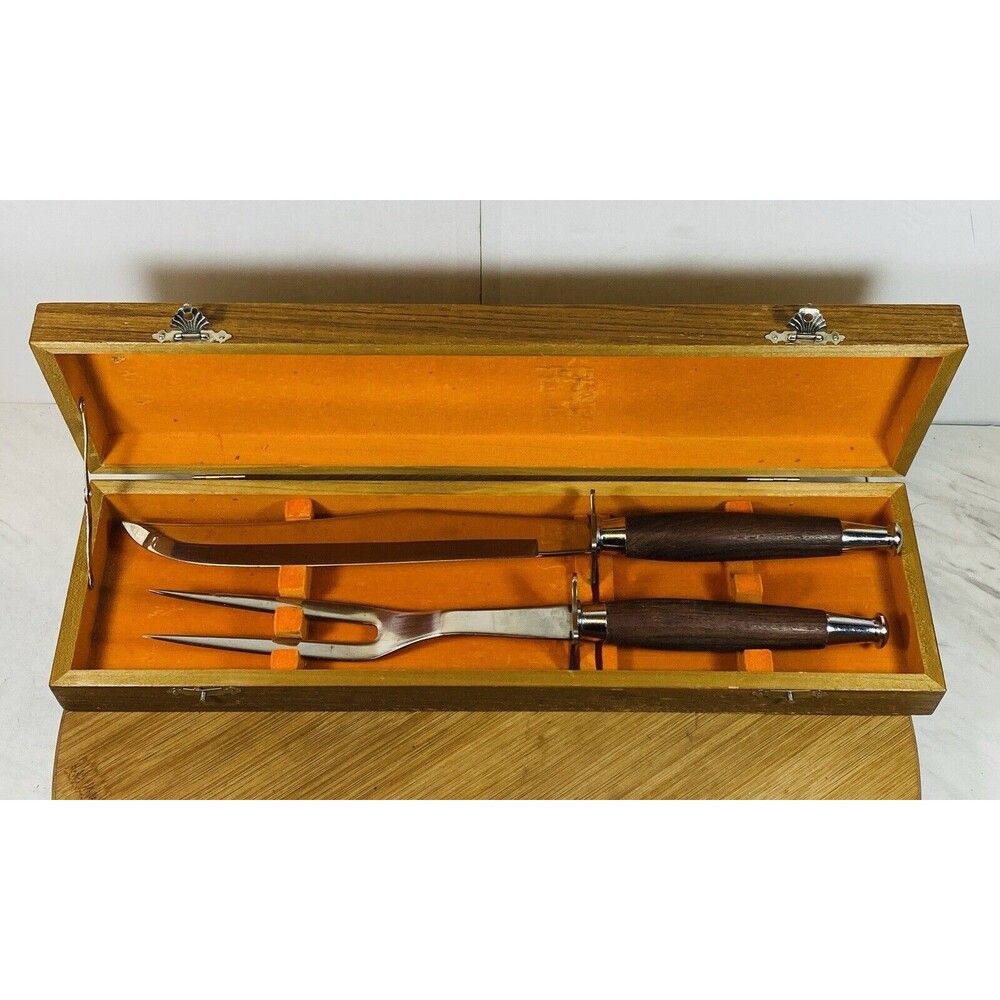 vintage Washington Forge Carving Set Stainless Ornamental sharp wood case Japan